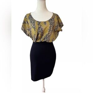 Soprano Womens Dress S Navy Tan Yellow Blouson Scoop Neck Slitted Sleeve Preppy